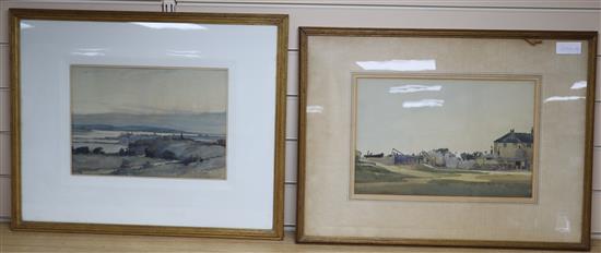 Ernest T. Holding, two pen, ink and watercolours, Poole Harbour and Near Bognor, 24 x 33cm and 25 x 38cm